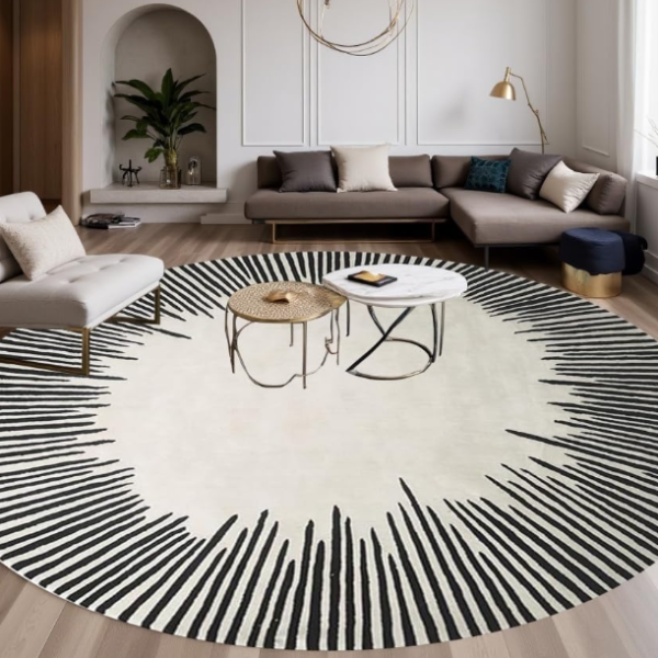 Round Rug: Striped Border, Minimalist, Machine-Washable