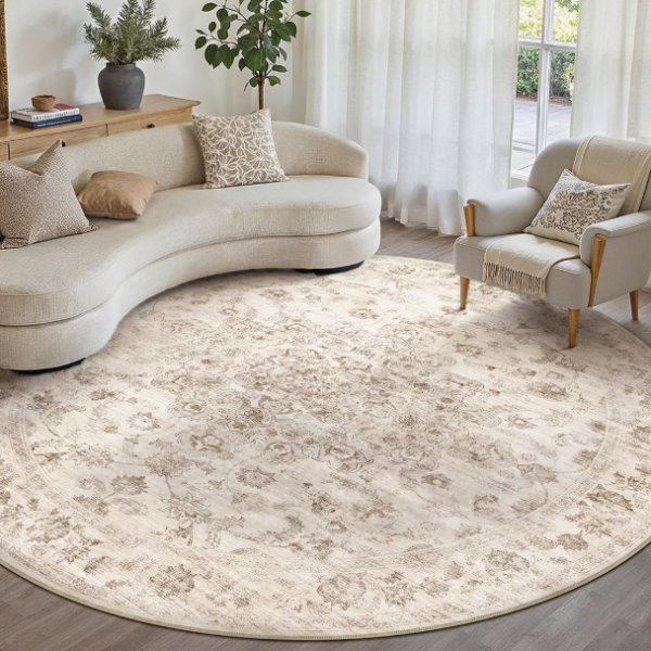 Round Rug: Vintage Style, Non-Slip, Soft, Low-Pile