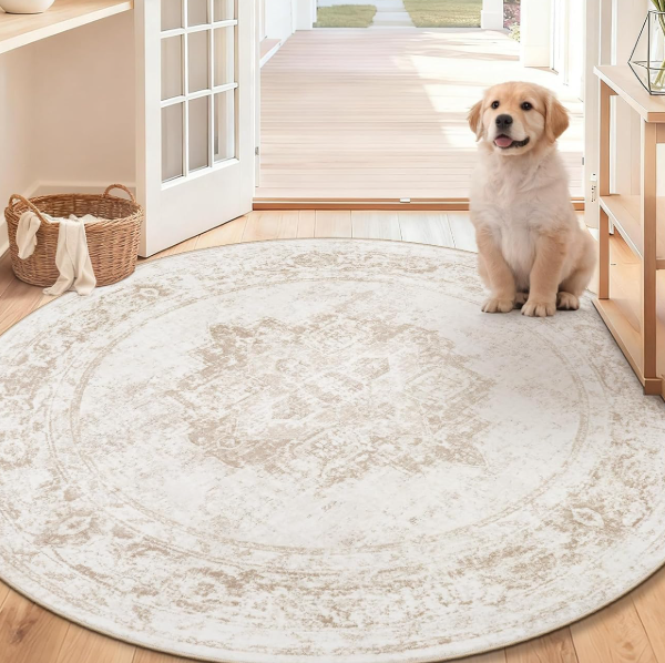 Round Rug: Vintage Distressed Look, Non-Slip, Machine-Washable