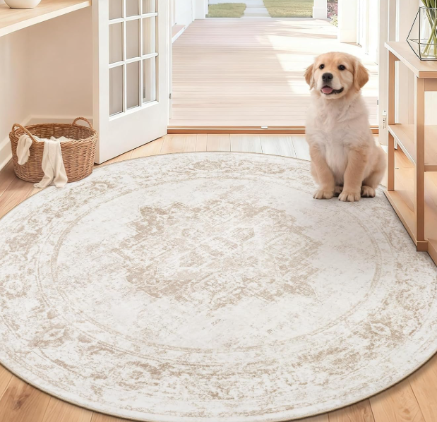 Round Rug: Vintage Distressed Look, Non-Slip, Machine-Washable