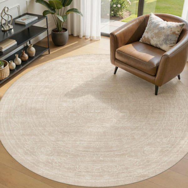 Round Rug: Vintage Style, Neutral Tones, Non-Slip, Soft, Stain-Resistant